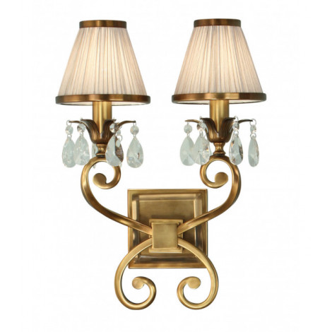 Applique Oksana, laiton antique, pendeloques cristal, 2 abat-jours beiges|Appliques murales|Luminaire Center