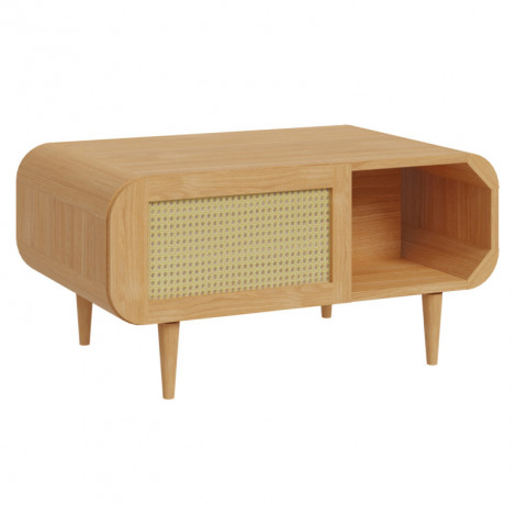 Table basse L. 100 cm décor chêne cannage rotin pieds en bois - VIVIAN|Table Basse|Meuble et moi