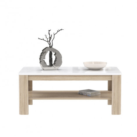 Table basse 110 cm blanc laqué et pieds décor bois clair - ALEXIANE|Table Basse|Meuble et moi