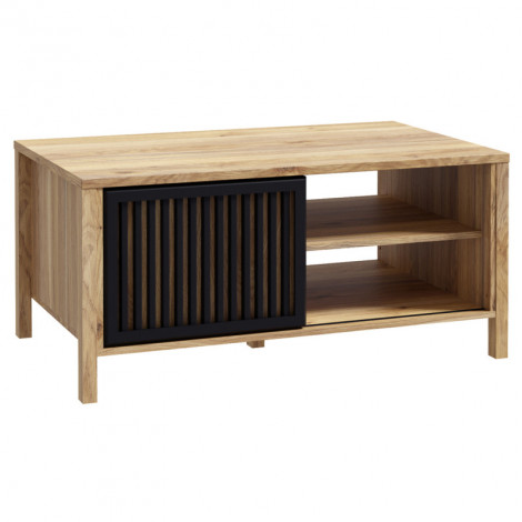 Table basse décor chêne avec porte coulissante ajourée noire - SELENA|Table Basse|Meuble et moi