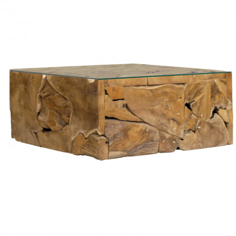 Table basse carrée L.100 cm bois de teck plateau verre trempé - TEKKU|Table Basse|Meuble et moi