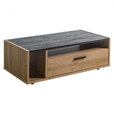 Table basse 110 cm 1 tiroir décor chêne clair texturé et noir - MILOS|Table Basse|Meuble et moi
