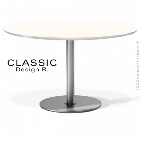 Table ronde de restauration CLASSIC, piètement colonne centrale chromé ou inox, plateau stratifié unicolore chant incliné peint.|Table|100chaises