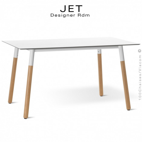 Table rectangulaire JET, pour cuisine, bureau, travail, CHR, piétement bois de hêtre vernis, plateau Compact blanc ou noir.|Table|100chaises