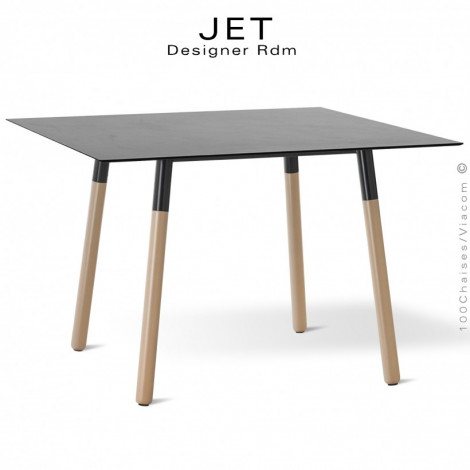 Table carré JET, pour cuisine, bureau, travail, CHR, piétement bois de hêtre vernis, plateau Compact blanc ou noir.|Table|100chaises