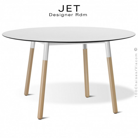 Table ronde JET, pour cuisine, bureau, travail, CHR, piétement bois de hêtre vernis, plateau Compact blanc ou noir.|Table|100chaises