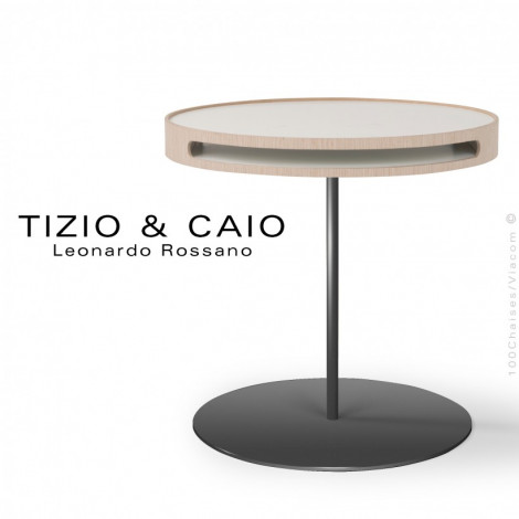 Petite table café déco d'appoint TIZIO & CAIO, piétement et plateau acier peint, deuxième plateau amovible placage bois vernis.|Table|100chaises