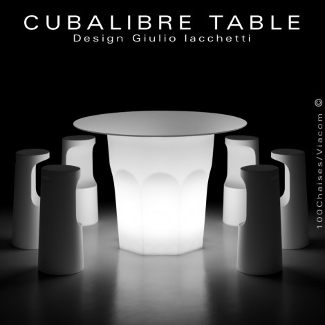 Table haute décorative lumineux design CUBALIBRE, structure plastique blanc, plateau rond pour intérieur et extérieur.|Table|100chaises