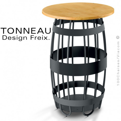 Table haute bistrot TONNEAU, structure acier peint, option roulettes, marquage, perfo. parasol, plateau bois massif Pin vernis.|Table|100chaises