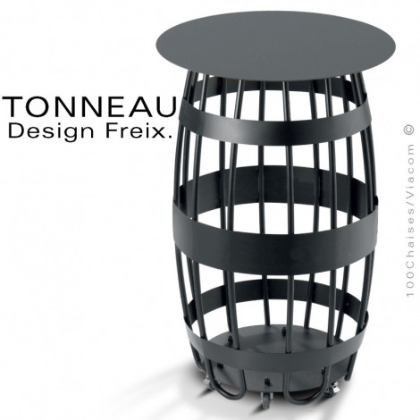 Table haute bistrot TONNEAU, structure et plateau acier, finition peint, option roulettes, personnalisation, perfo. parasol.|Table|100chaises