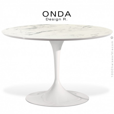 Table ronde design ONDA, piétement trompette acier tourné peint, plateau HPL stratifié aspect pierre, marbre, quartz.|Table|100chaises