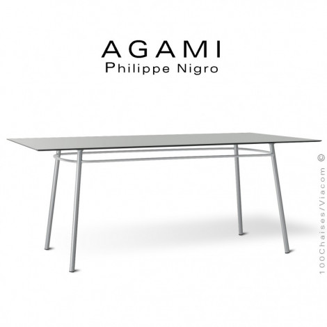 Table repas rectangulaire ou bureau design AGAMI, piétement 4 pieds acier peint, plateau compact unicolore pour extérieur.|Table|100chaises