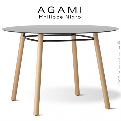 Table repas rond ou carré design AGAMI, piétement 4 pieds bois de hêtre vernis, plateau compact unicolore pour intérieur.|Table|100chaises