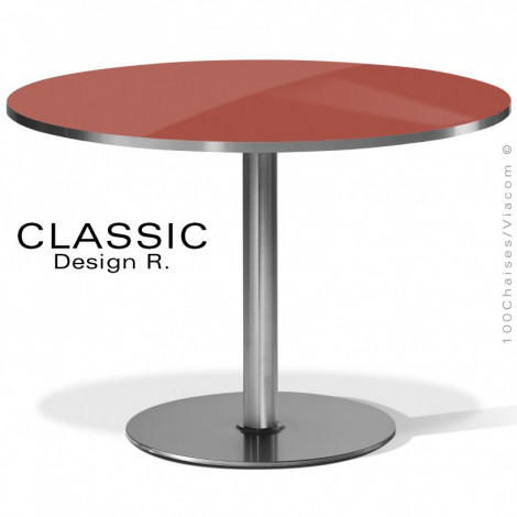 Table ronde pour cuisine, salle à manger CLASSIC, pied colonne centrale chromé / inox, plateau stratifié unicolore, chant inox.|Table|100chaises