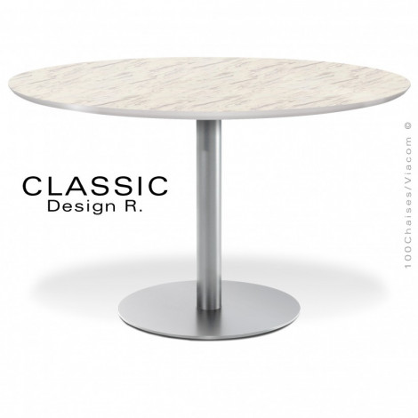Table ronde restauration CLASSIC, piètement colonne centrale peint / chromé / inox brossé, plateau stratifié aspect bois.|Table|100chaises