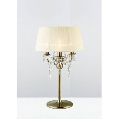 Lampe de Table Olivia avec Abat jour crème 3 Ampoules laiton antique/cristal|Lampes à poser|Luminaire Center