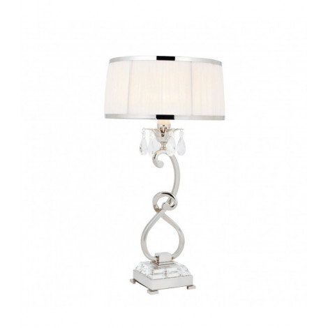 Lampe de table Oksana, 61cm, nickel poli, pampilles cristal, abat-jour blanc|Lampes à poser|Luminaire Center