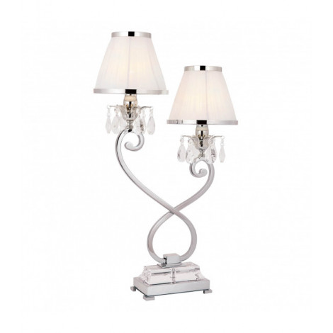Lampe de table Oksana, nickel poli, pampilles cristal, 2 abat-jours blancs|Lampes à poser|Luminaire Center