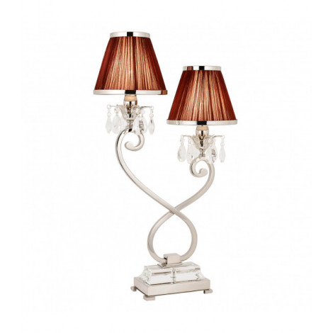 Lampe de table Oksana, nickel poli, pampilles cristal, 2 abat-jour chocolat|Lampes à poser|Luminaire Center