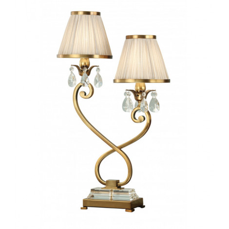 Lampe de table Oksana, laiton antique, pampilles cristal, 2 abat-jours beiges|Lampes à poser|Luminaire Center