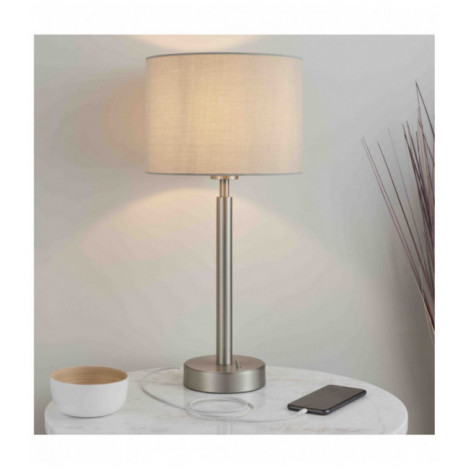 Lampe de table Owen Cylinder en Acier , Plaque de nickel mat et tissu taupe|Lampes à poser|Luminaire Center