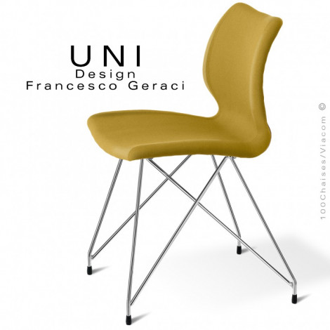 Chaise confort UNI, dossier coque effet matelassé couleur, assise garnie habillage tissu, piétement fantaisie peint ou chromé.|Chaise|100chaises