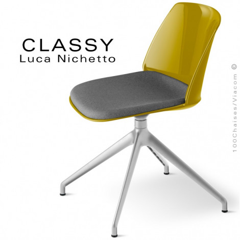 Chaise de bureau design CLASSY, piétement aluminium, assise pivotante plastique couleur avec coussin.|Chaise|100chaises