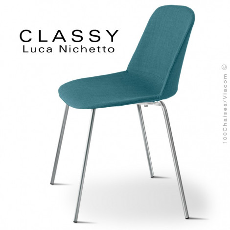 Chaise repas confort design CLASSY, piétement acier peint ou chromé brillant, assise et dossier garnis, habillage tissu couleur.|Chaise|100chaises