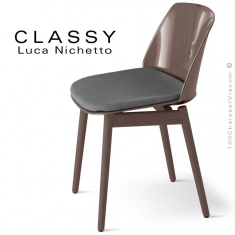 Chaise confort design CLASSY, piétement Frêne vernis, assise coque plastique couleur avec coussin tissu - Lot de 2 pièces.|Chaise|100chaises