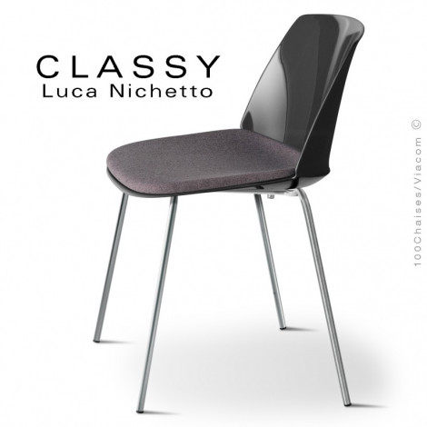 Chaise design repas CLASSY, piétement acier peint ou chromé brillant, assise coque plastique couleur avec coussin.|Chaise|100chaises