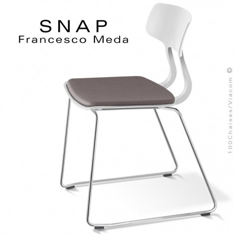Chaise repas esprit rétro design SNAP, piétement luge acier peint ou chromé, assise coque plastique couleur avec coussin.|Chaise|100chaises