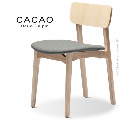 Chaise bois confort design CACAO, structure 4 pieds en bois massif de Frêne, vernis naturel ou teinté, assise habillage tissu.|Chaise|100chaises