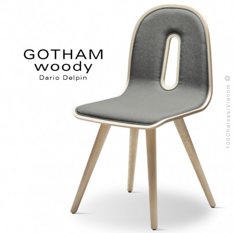 Chaise design GOTHAM WOODY-SI, piétement bois Frêne naturel ou teinté, assise multiplis de bois habillage tissu.|Chaise|100chaises