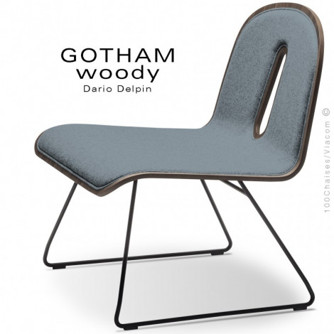 Chaise confort GOTHAM WOODY lounge, piétement luge acier peint, assise bois placage Noyer, habillage tissu.|Chaise|100chaises