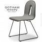 Chaise design GOTHAM WOODY-SL-I, piétement luge acier peint, assise bois placage Noyer, habillage tissu.|Chaise|100chaises