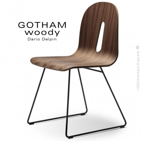 Chaise design GOTHAM WOODY-SL, piétement luge acier peint, assise bois placage Noyer ou teinté noir mat.|Chaise|100chaises