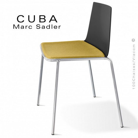 Chaise design CUBA, assise coque plastique couleur, habillage tissu, structure acier peint ou chromé.|Chaise|100chaises