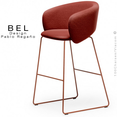 Tabouret de bar, confort et design BEL, piétement luge en rond d'acier peint, assise et dossier habillage tissu bouclé bicolore.|Tabouret|100chaises