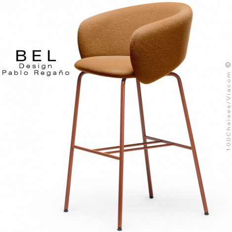 Tabouret de bar, confort et design BEL, piétement 4 pieds acier peint, assise et dossier habillage tissu bouclé bicolore.|Tabouret|100chaises