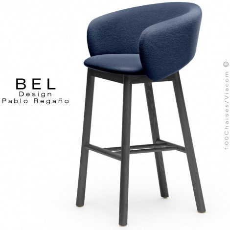 Tabouret de bar confort design BEL, piétement bois massif de Frêne vernis, assise et dossier habillage tissu bouclé bicolore.|Tabouret|100chaises