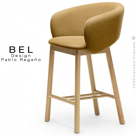 Tabouret de cuisine confort BEL, piétement bois massif de Frêne vernis, assise et dossier habillage tissu bouclé bicolore.|Tabouret|100chaises