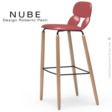 Tabouret de bar ou domestique NUBE, piétement bois vernis naturel avec repose pieds, assise coque plastique souple couleur.|Tabouret|100chaises