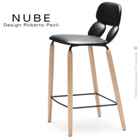 Tabouret de cuisine design NUBE, piétement bois vernis naturel avec repose pieds, assise coque plastique souple couleur.|Tabouret|100chaises