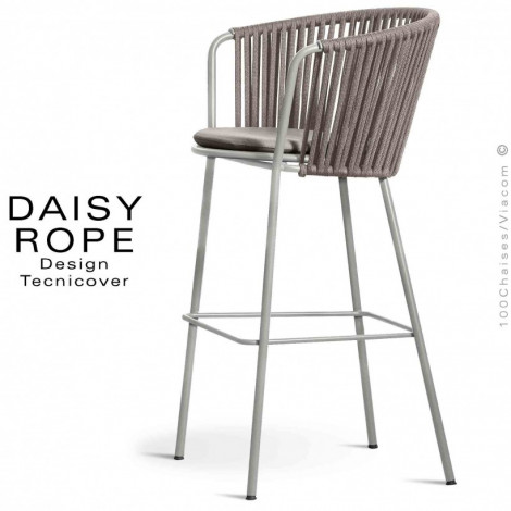 Tabouret de bar d'extérieur design DAISY-ROPE, structure acier peint, tressage cordage, assise coussin habillage tissu.|Tabouret|100chaises