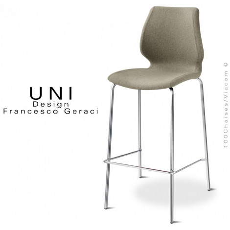 Tabouret de bar design confort UNI, assise coque effet matelassé, habillage tissu, piétement acier peint ou chromé brillant.|Tabouret|100chaises