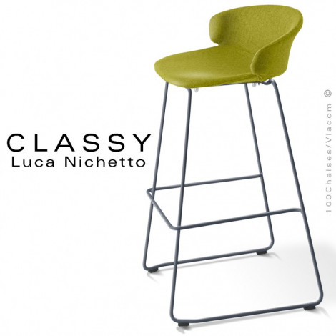 Tabouret de bar confort design CLASSY, piétement luge acier peint ou chromé, assise et dossier mousse, habillage tissu tissé.|Tabouret|100chaises