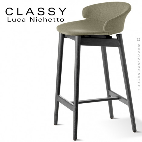 Tabouret de cuisine design confort CLASSY, piétement Frêne vernis, assise et dossier garnis de mousse, habillage tissu tissé.|Tabouret|100chaises