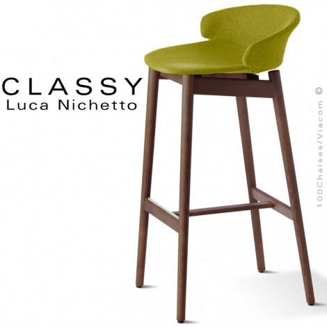 Tabouret de bar design confort CLASSY, piétement bois de Frêne vernis, assise, dossier garnis de mousse, habillage tissu tissé.|Tabouret|100chaises