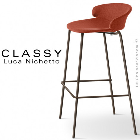 Tabouret de bar confort design CLASSY, piétement acier peint ou chromé, assise coque plus mousse, habillage tissu tissé.|Tabouret|100chaises