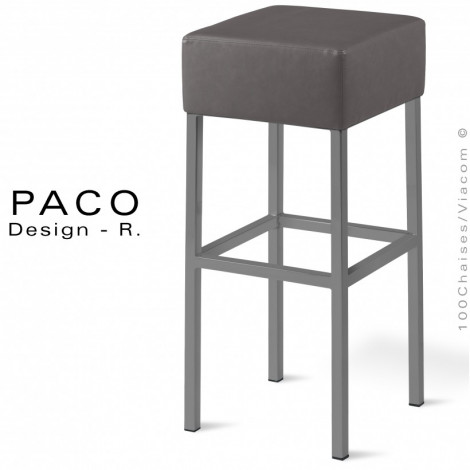 Tabouret de bar design PACO, assise garnie habillage cuir, piétement et repose pieds acier peint ou chromé brillant.|Tabouret|100chaises